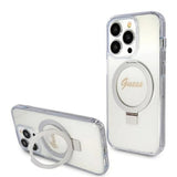 Husa pentru iPhone 15 Pro, Guess Ring Stand Script Glitter MagSafe (GUHMP15LHRSGSD), transparenta