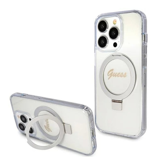 Husa pentru iPhone 15 Pro, Guess Ring Stand Script Glitter MagSafe (GUHMP15LHRSGSD), transparenta