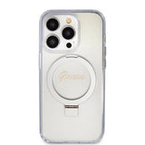 Husa pentru iPhone 15 Pro, Guess Ring Stand Script Glitter MagSafe (GUHMP15LHRSGSD), transparenta