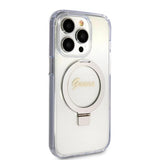 Husa pentru iPhone 15 Pro, Guess Ring Stand Script Glitter MagSafe (GUHMP15LHRSGSD), transparenta