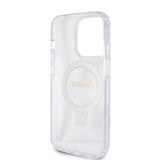 Husa pentru iPhone 15 Pro, Guess Ring Stand Script Glitter MagSafe (GUHMP15LHRSGSD), transparenta