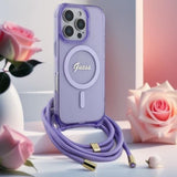 Husa pentru iPhone 16 Pro, Guess IML Crossbody Cord Script MagSafe (GUHMP16LHCTSGNSU), mov