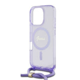 Husa pentru iPhone 16 Pro, Guess IML Crossbody Cord Script MagSafe (GUHMP16LHCTSGNSU), mov