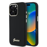 Husa pentru iPhone 16 Pro, Guess Silicone Script Metal Logo & Frame (GUHCP16LSMBSLK), negru