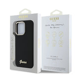 Husa pentru iPhone 16 Pro, Guess Silicone Script Metal Logo & Frame (GUHCP16LSMBSLK), negru