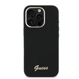 Husa pentru iPhone 16 Pro, Guess Silicone Script Metal Logo & Frame (GUHCP16LSMBSLK), negru