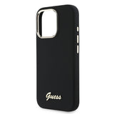 Husa pentru iPhone 16 Pro, Guess Silicone Script Metal Logo & Frame (GUHCP16LSMBSLK), negru