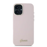 Husa pentru iPhone 16 Plus, Guess Silicone Script Metal Logo & Frame (GUHCP16MSMBSLP), roz