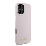 Husa pentru iPhone 16 Plus, Guess Silicone Script Metal Logo & Frame (GUHCP16MSMBSLP), roz