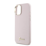 Husa pentru iPhone 16 Plus, Guess Silicone Script Metal Logo & Frame (GUHCP16MSMBSLP), roz