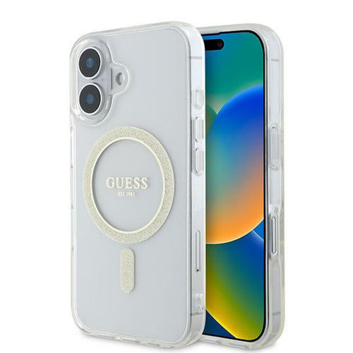 Husa pentru iPhone 16, Guess IML Glitter Circle MagSafe (GUHMP16SHFGERET), transparenta