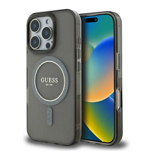 Husa pentru iPhone 16 Pro, Guess IML Glitter Circle MagSafe (GUHMP16LHFGEREK), negru