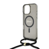 Husa pentru iPhone 16 Pro, Guess IML Crossbody Cord Script MagSafe (GUHMP16LHCTSGNSK), negru
