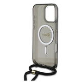 Husa pentru iPhone 16 Pro, Guess IML Crossbody Cord Script MagSafe (GUHMP16LHCTSGNSK), negru