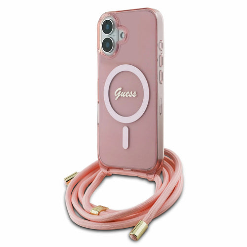 Husa pentru iPhone 16, Guess IML Crossbody Cord Script MagSafe (GUHMP16SHCTSGNSP), roz