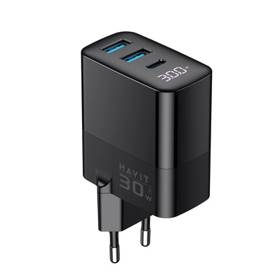 Incarcator retea Havit (UCLE001 EU), 2x USB, Type-C, 30W, GaN Technology, negru
