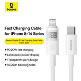 Cablu Baseus de date Display 2 (P10382703211-01), Incarcare rapida, Type-C to Lightning, Afisaj digital, 20W, 2m, alb