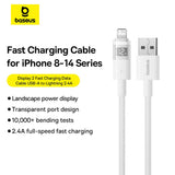 Cablu Baseus de date Display 2 (P10382700211-01), USB to Lightning, Incarcare rapida, Afisaj digital, 2.4A, 2m, alb
