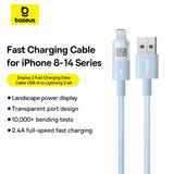 Cablu Baseus de date Display 2 (P10382700311-01), USB to Lightning, Incarcare rapida, Afisaj digital, 2.4A, 2m, albastru