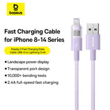 Cablu Baseus de date Display 2 (P10382700511-01), USB to Lightning, Incarcare rapida, Afisaj digital, 2.4A, 2m, mov