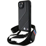 Husa pentru iPhone 15 Plus, BMW Leather M Edition Carbon Stripe & Strap, negru