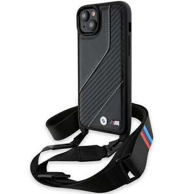 Husa pentru iPhone 15 Plus, BMW Leather M Edition Carbon Stripe & Strap, negru