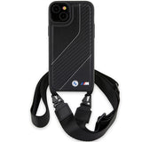Husa pentru iPhone 15 Plus, BMW Leather M Edition Carbon Stripe & Strap, negru