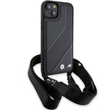 Husa pentru iPhone 15 Plus, BMW Leather M Edition Carbon Stripe & Strap, negru