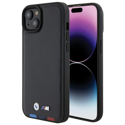 Husa pentru iPhone 15 Plus, BMW Leather Stamp Tricolor (BMHCP15M22PTDK), negru