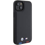 Husa pentru iPhone 15 Plus, BMW Leather Stamp Tricolor (BMHCP15M22PTDK), negru