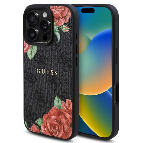 Husa pentru iPhone 16 Pro Max, Guess Hardcase 4G Flower Print MagSafe (GUHMP16XP4ROPEMCK), negru