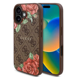 Husa pentru iPhone 16, Guess Hardcase 4G Flower Print MagSafe (GUHMP16SP4ROPEMCW), maro