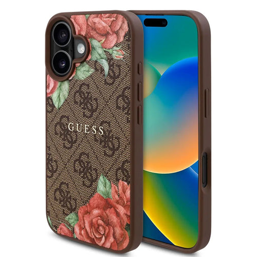 Husa pentru iPhone 16, Guess Hardcase 4G Flower Print MagSafe (GUHMP16SP4ROPEMCW), maro