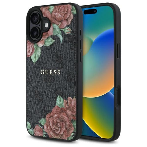 Husa pentru iPhone 16, Guess Hardcase 4G Flower Print MagSafe (GUHMP16SP4ROPEMCK), negru