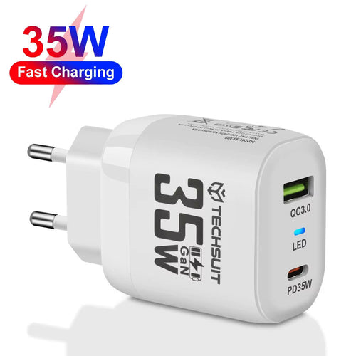 Incarcator retea Techsuit Premium (CHPD174), GaN, USB QC3.0, Type-C PD35W, alb
