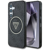 Husa pentru Samsung Galaxy S25, Guess IML Metal Glitter 4G Circle Triangle MagSafe (GUHMS25SHG4PRTGK), negru