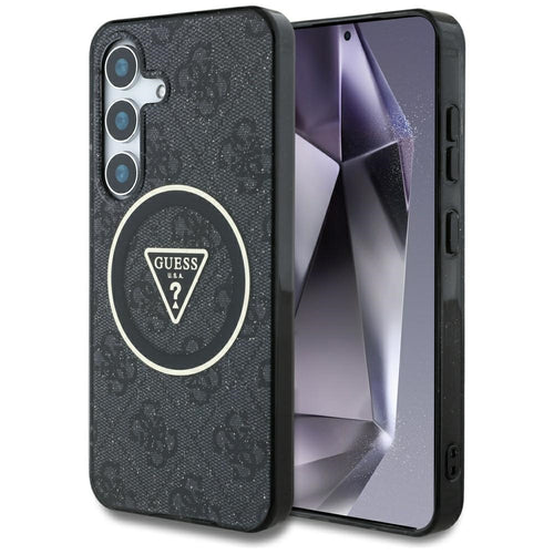 Husa pentru Samsung Galaxy S25, Guess IML Metal Glitter 4G Circle Triangle MagSafe (GUHMS25SHG4PRTGK), negru