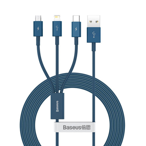 Cablu Baseus de date Superior Series (Camltys-03), USB to Type-C, Micro-USB, Lightning, Incarcare rapida 3.5A, 1.5m, albastru