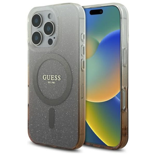 Husa pentru iPhone 16 Pro, Guess IML Glitter Gradient MagSafe (GUHMP16LHGRCELW), maro