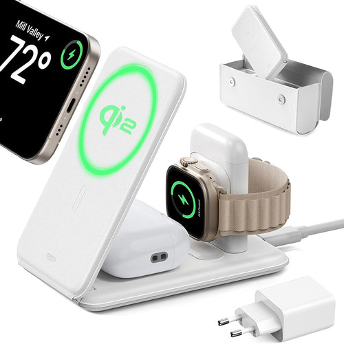 Incarcator wireless ESR Premium Travel Wireless Charging Set (2C569), cu Bag Accessories, pentru iPhone, MFi Apple Watch, AirPods, Qi2, alb