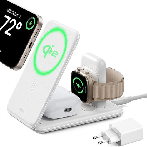 Incarcator wireless ESR Premium 3in1 Travel Wireless Charging Set (2C569A), pentru iPhone, MFi Apple Watch, AirPods, Qi2 15W, alb