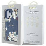 Husa pentru iPhone 16, Guess Grained Flowers MagSafe (GUHMP16SPGNMPLMB), albastru
