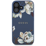 Husa pentru iPhone 16, Guess Grained Flowers MagSafe (GUHMP16SPGNMPLMB), albastru