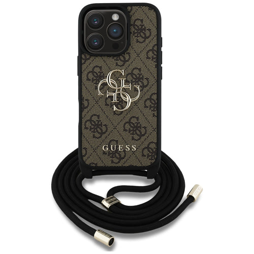 Husa pentru iPhone 16 Pro, Guess Hardcase 4G Big Logo cu Cord Strap (GUHCP16LP4GMGCRW), maro