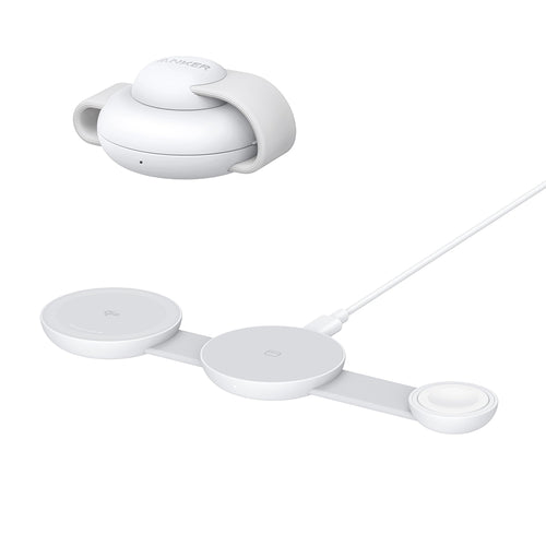 Incarcator wireless Anker MagGo 3-in-1 (B25M8H21), pentru iPhone 15/16, AirPods, Apple Watch, MagSafe Qi2, Pliabil, 15W, alb
