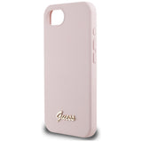 Husa pentru iPhone 16e, Guess Silicone Script Metal Logo (GUHMPSE4SMBSLP), roz