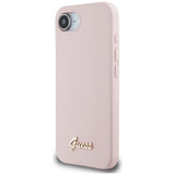 Husa pentru iPhone 16e, Guess Silicone Script Metal Logo (GUHMPSE4SMBSLP), roz