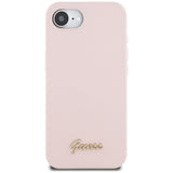 Husa pentru iPhone 16e, Guess Silicone Script Metal Logo (GUHMPSE4SMBSLP), roz