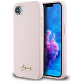 Husa pentru iPhone 16e, Guess Silicone Script Metal Logo (GUHMPSE4SMBSLP), roz