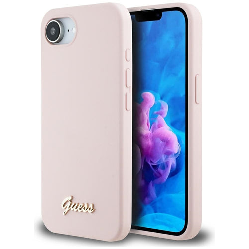Husa pentru iPhone 16e, Guess Silicone Script Metal Logo (GUHMPSE4SMBSLP), roz